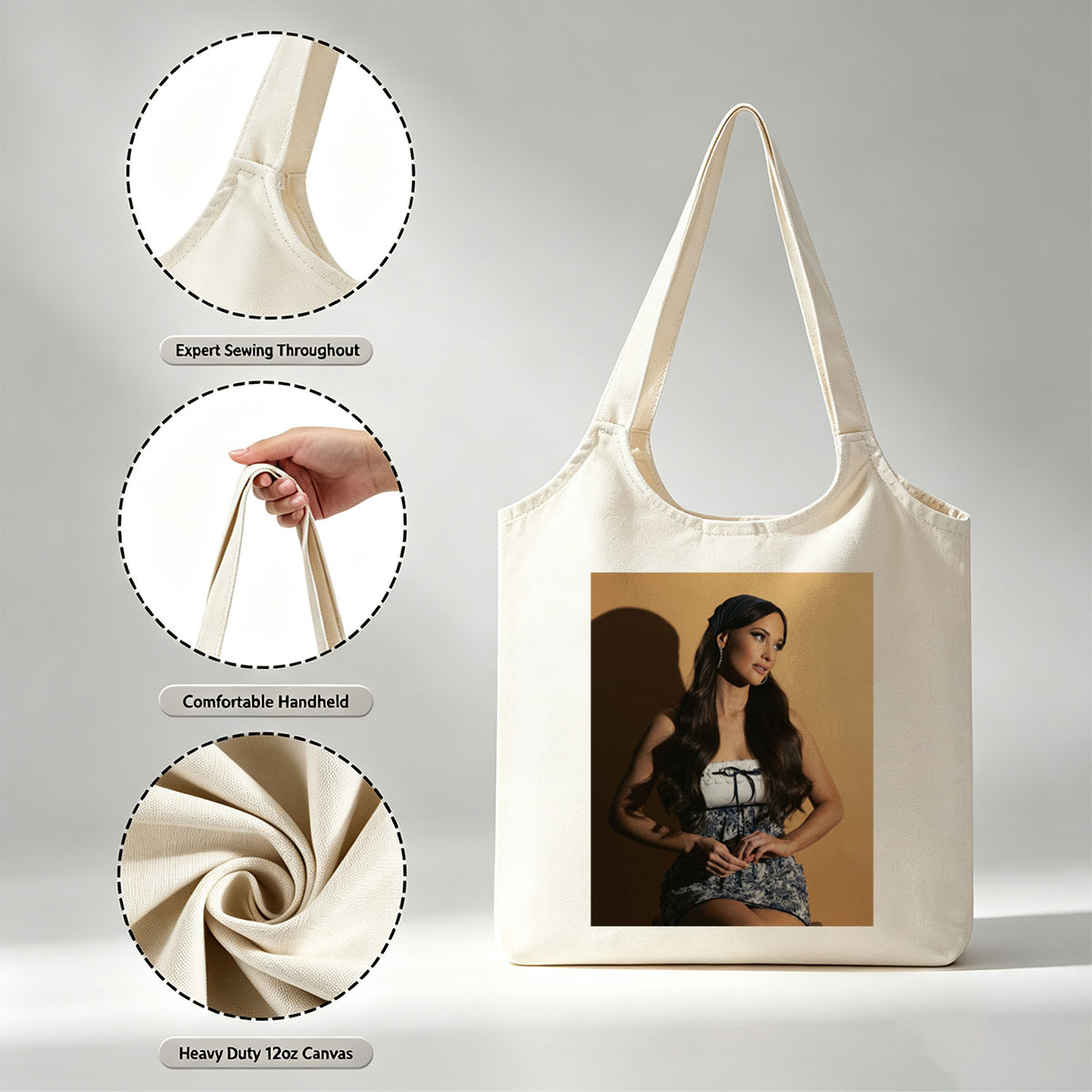 Lana Del Rey in a Stylish Blue and White Dress with Lace-Up Detail on a Warm Background - Canvas shoulder bags/