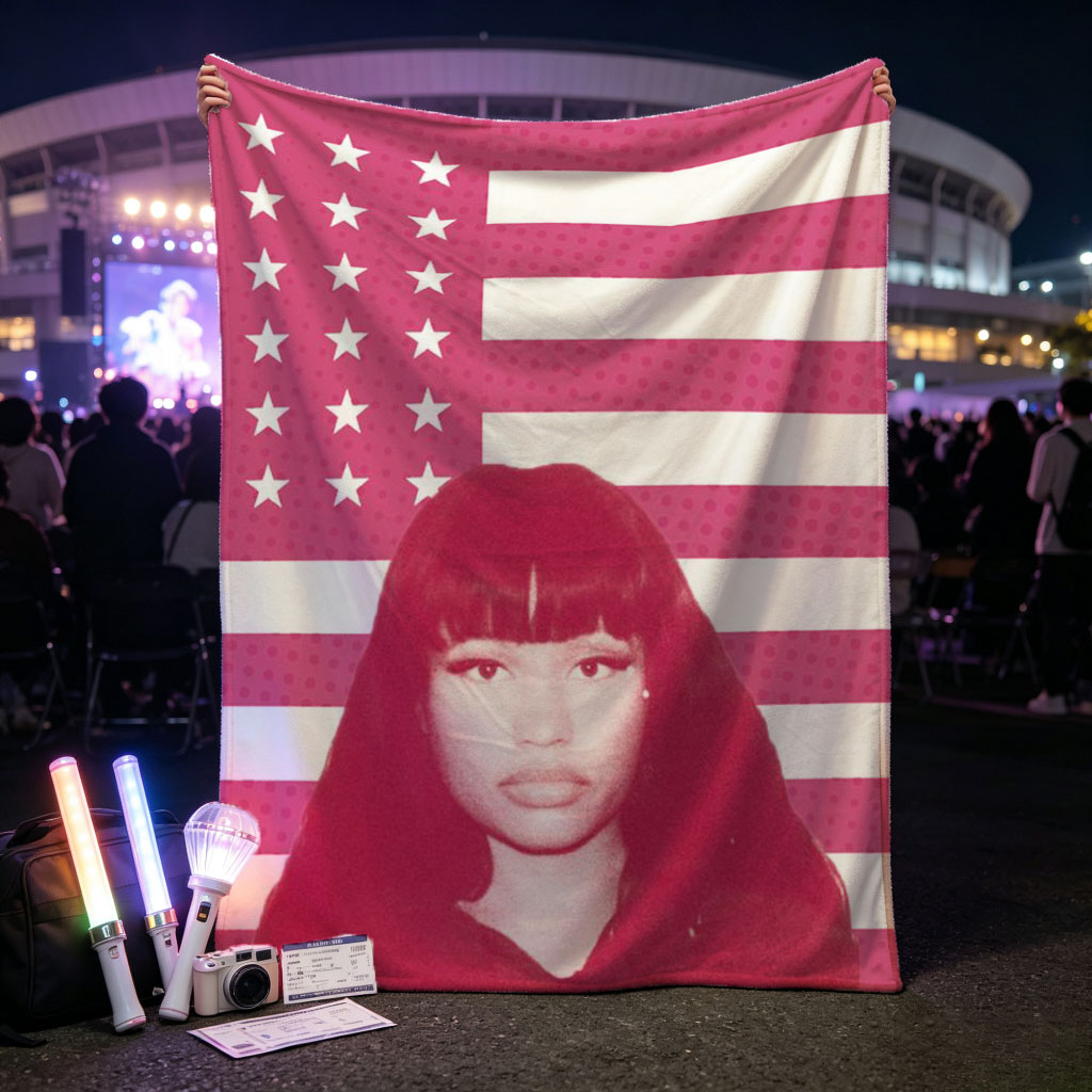 Nicki Minaj in Front of Pink American Flag Background - Blankets