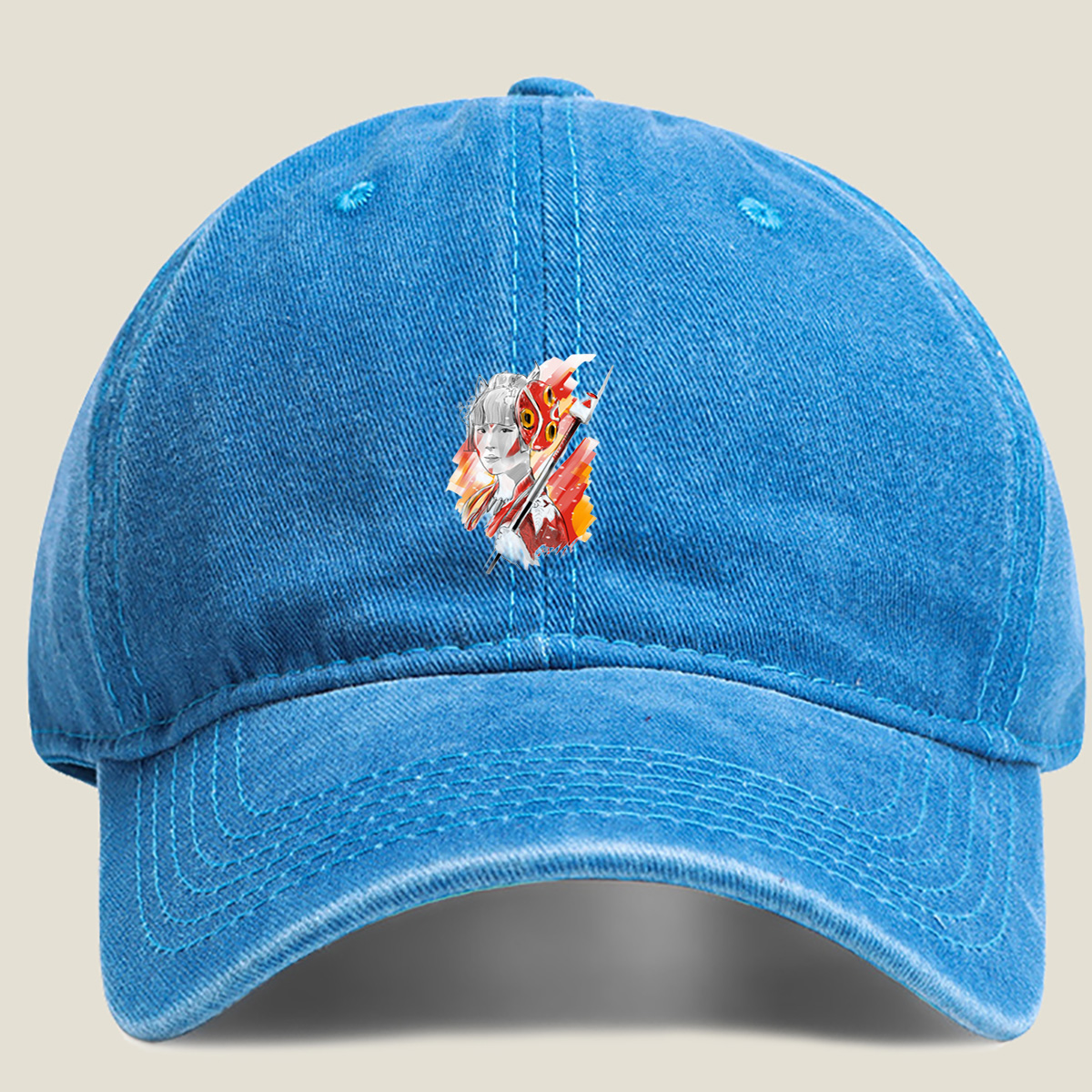 Samurai Girl with Red Mask and Spear - Washed Denim - Baseball Cap