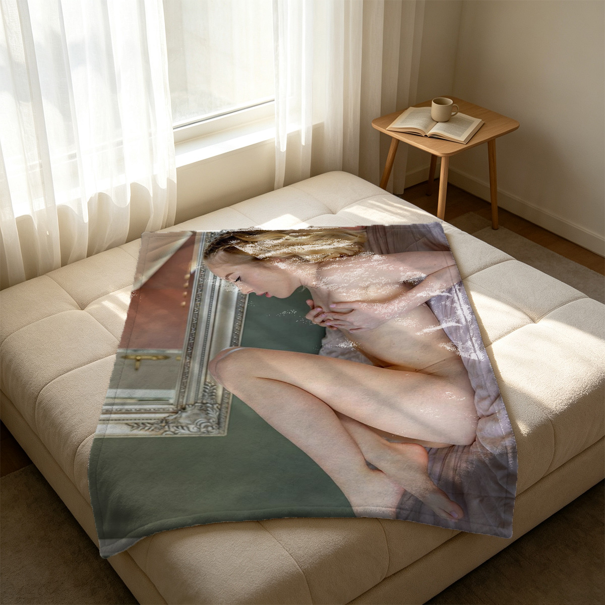 Emma Watson in grey lace lingerie posing seductively on a couch with a fan. - Blanket