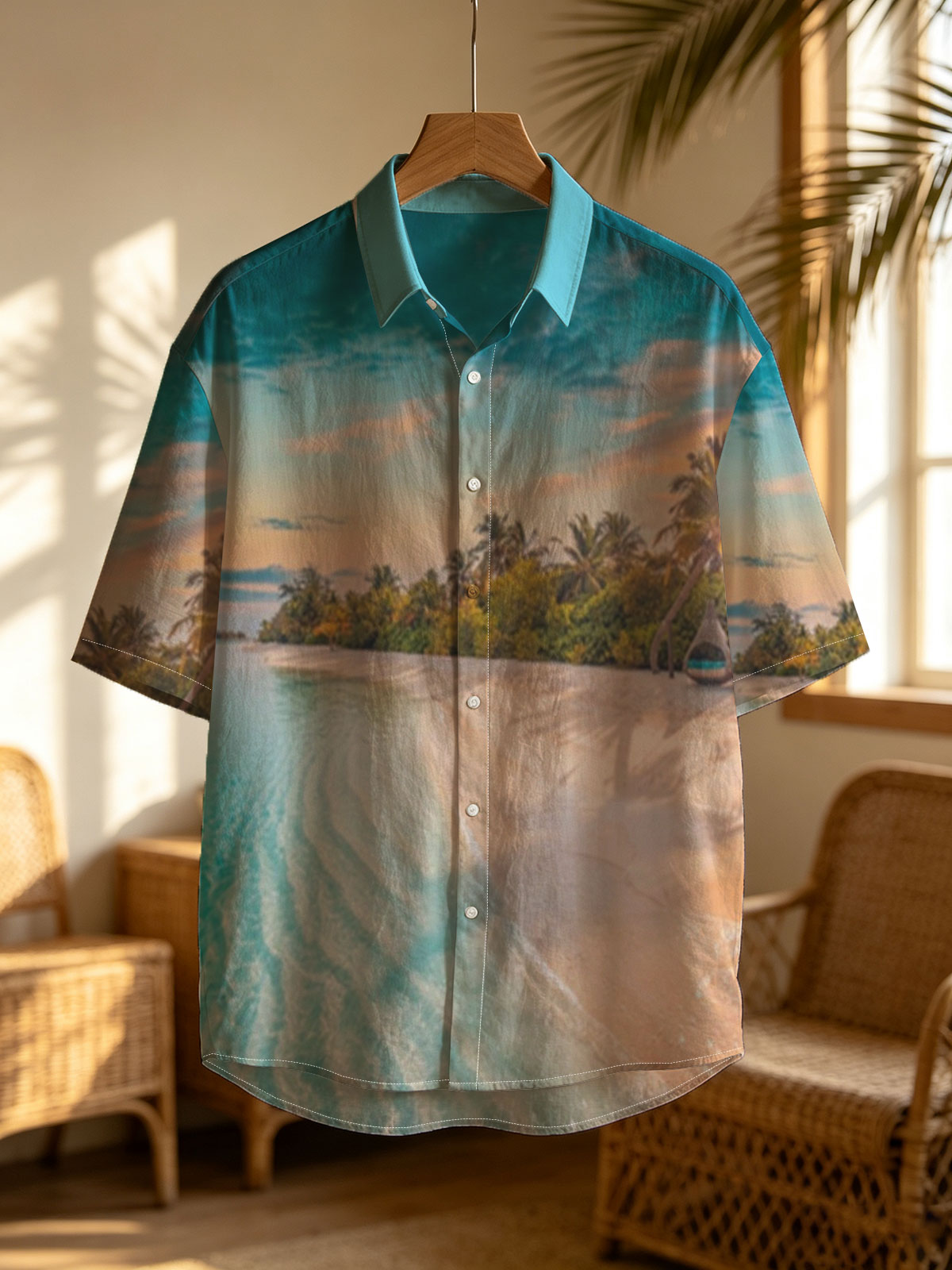 Tropical beach with crystal clear water and palm trees at sunset -  Shirt