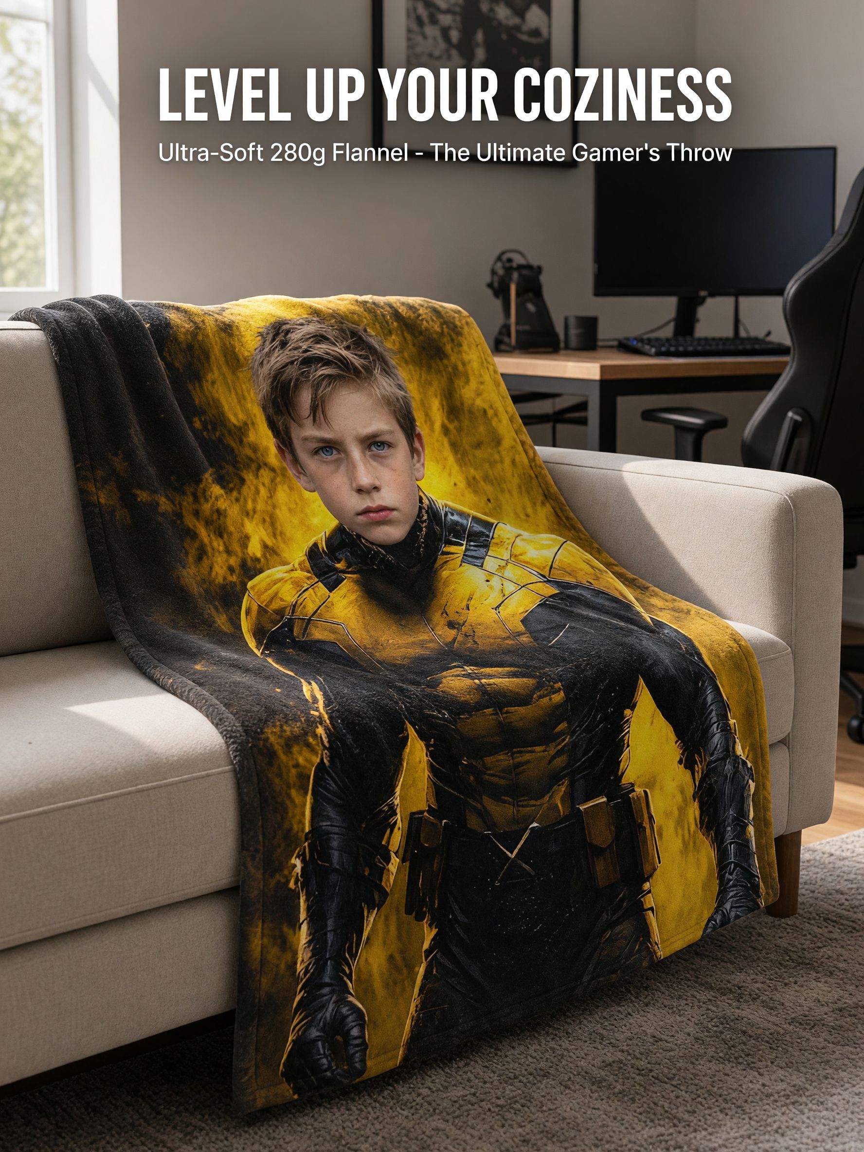Personalized Superhero Photo Face Flannel Blanket, Custom Warm Plush Throw, Ideal Keepsake Gift for Bed and Sofa