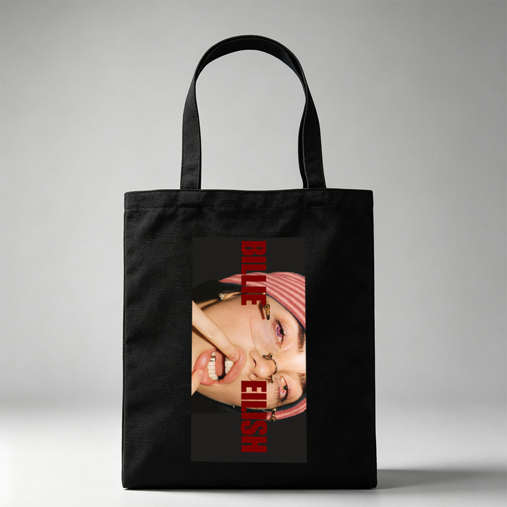 Billie Eilish Close-Up Portrait with Bold Red Text and Striped Beanie - Canvas tote bags