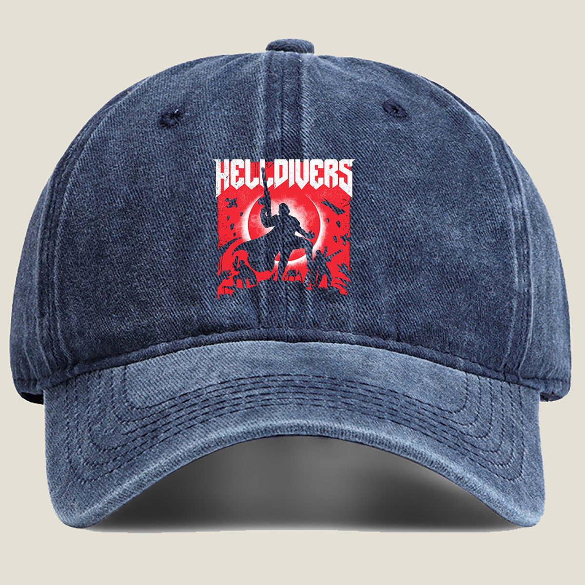 Helldivers: Silhouetted Warriors Against a Crimson Sky - Washed Denim - Baseball Cap