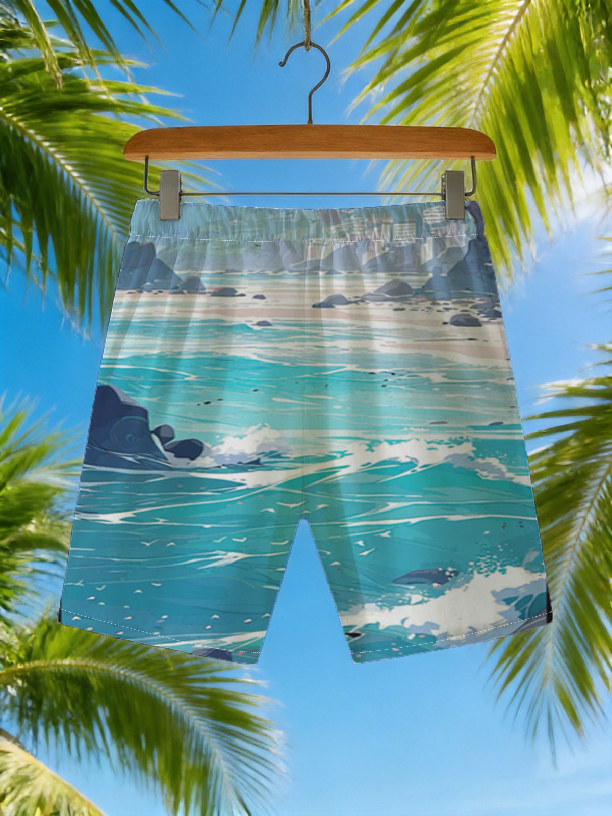 Turquoise waves crash on a rocky beach with distant city skyline and lush green hills under a bright sky. -  Beach shorts