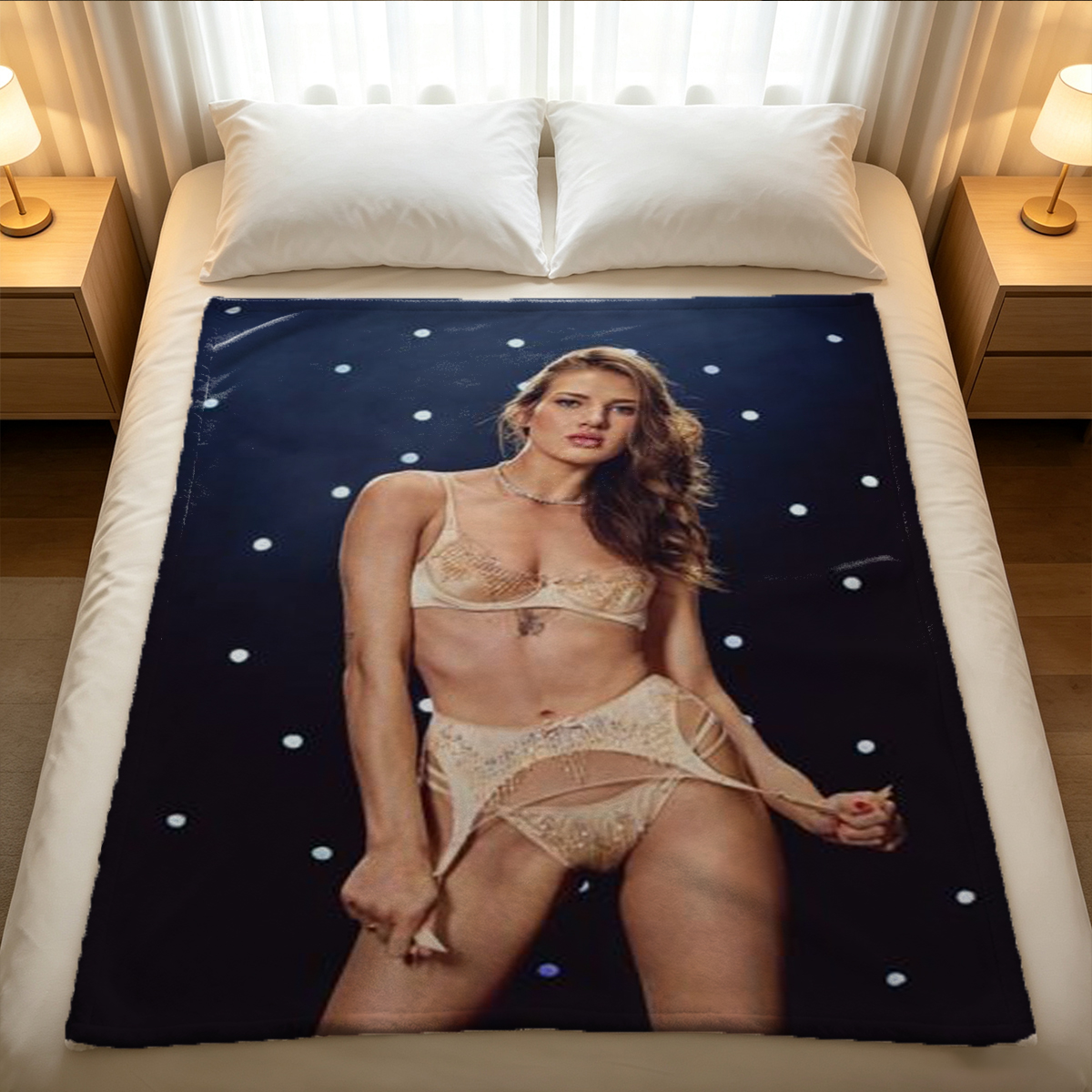 Nadia Petrova in open black blazer, topless portrait. - Blanket