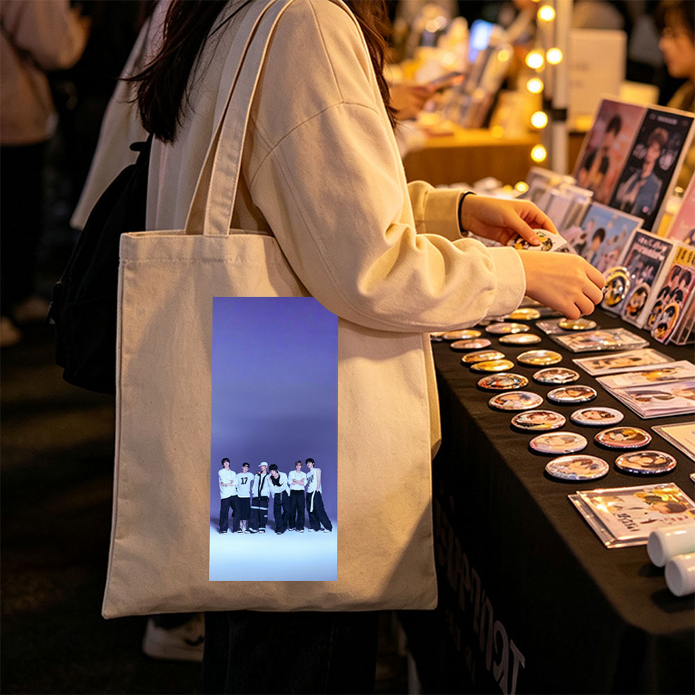 ENHYPEN Group Photo in Stylish White and Black Outfits Against a Purple Gradient Background - Canvas tote bags