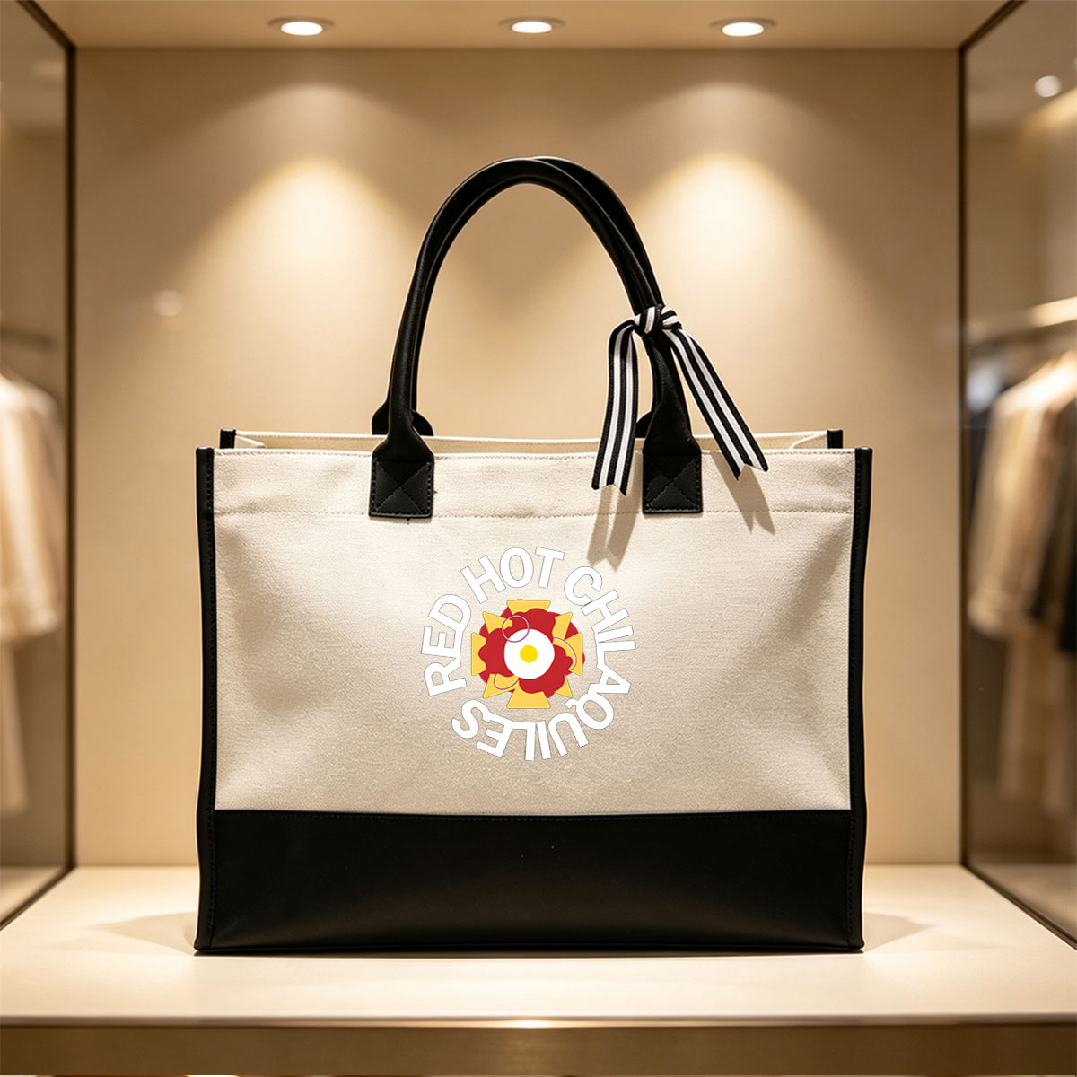 Red Hot Chili Peppers Logo with Central Egg and Flower Design - Canvas patchwork gift tote bag