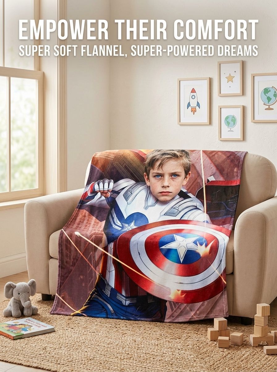 Personalized Superhero Photo Blanket Custom Face Flannel Throw Skin Friendly Warm Cozy Fleece Bedding Gift for Kids