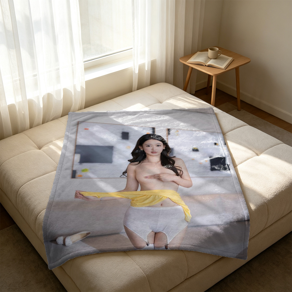 Wet Asian Woman in Blue Lace Babydoll Sitting on Wooden Deck - Blanket