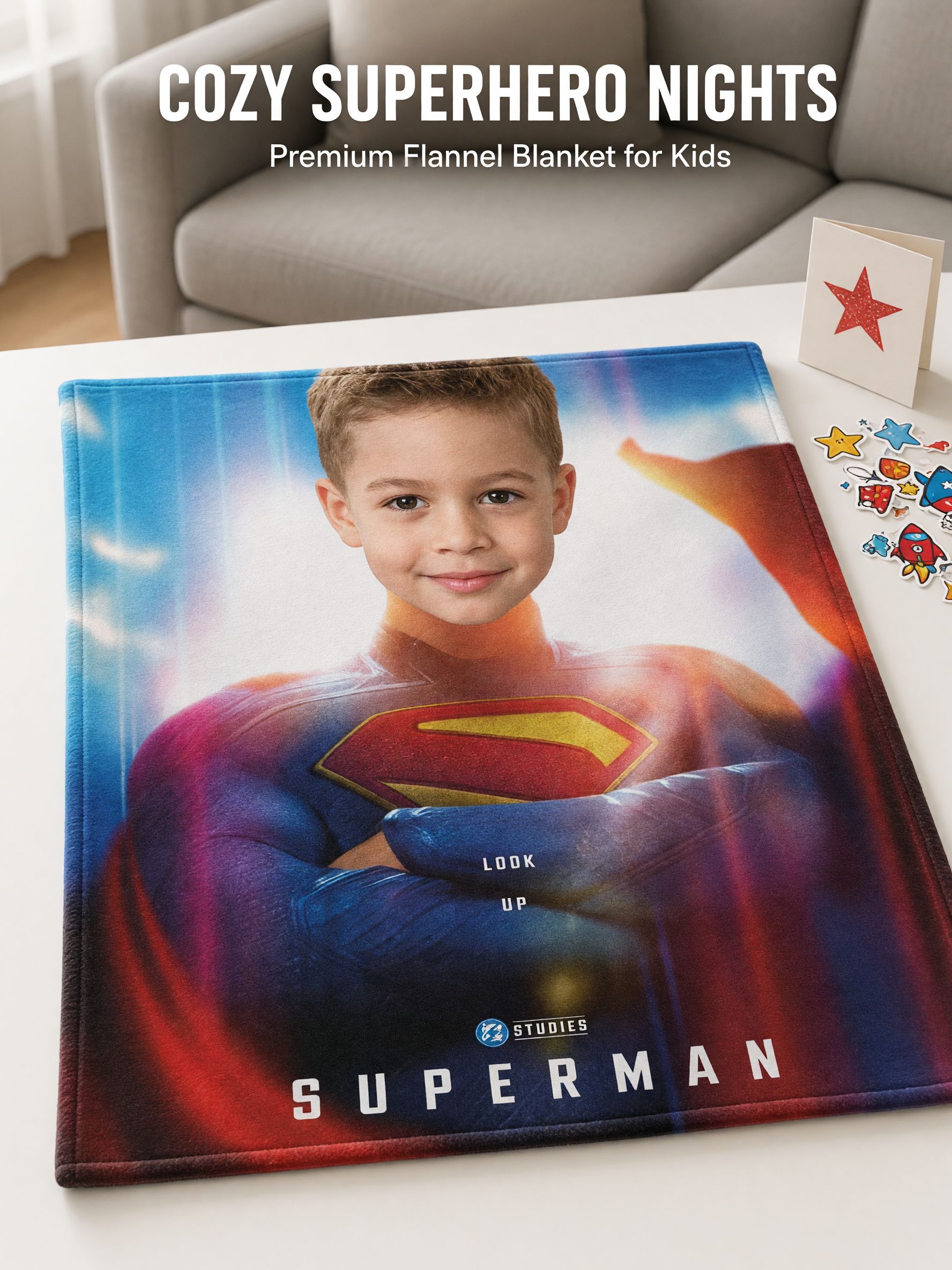 Personalized Custom Face Photo Flannel Fleece Blanket Ultra Soft Superhero Portrait Throw for Kids and Family