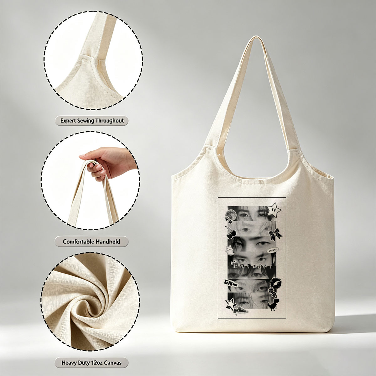 Enhypen Eyes Collage Black and White Sticker Art - Canvas shoulder bags/