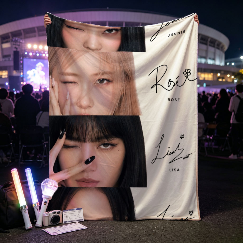 BLACKPINK Members Close-Up Portraits with Signature Names and Emojis - Blankets
