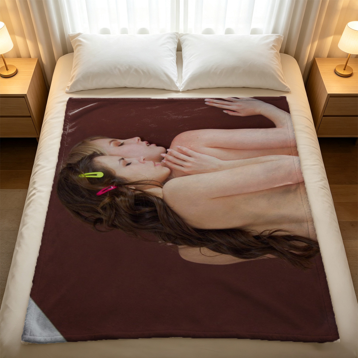 Two Japanese Women in Purple Lingerie Embracing on Bed - Blanket