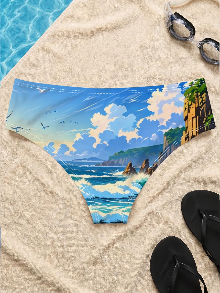 Ocean Waves Crashing Against Rocky Coastline Under Blue Sky -  Men's swim trunks