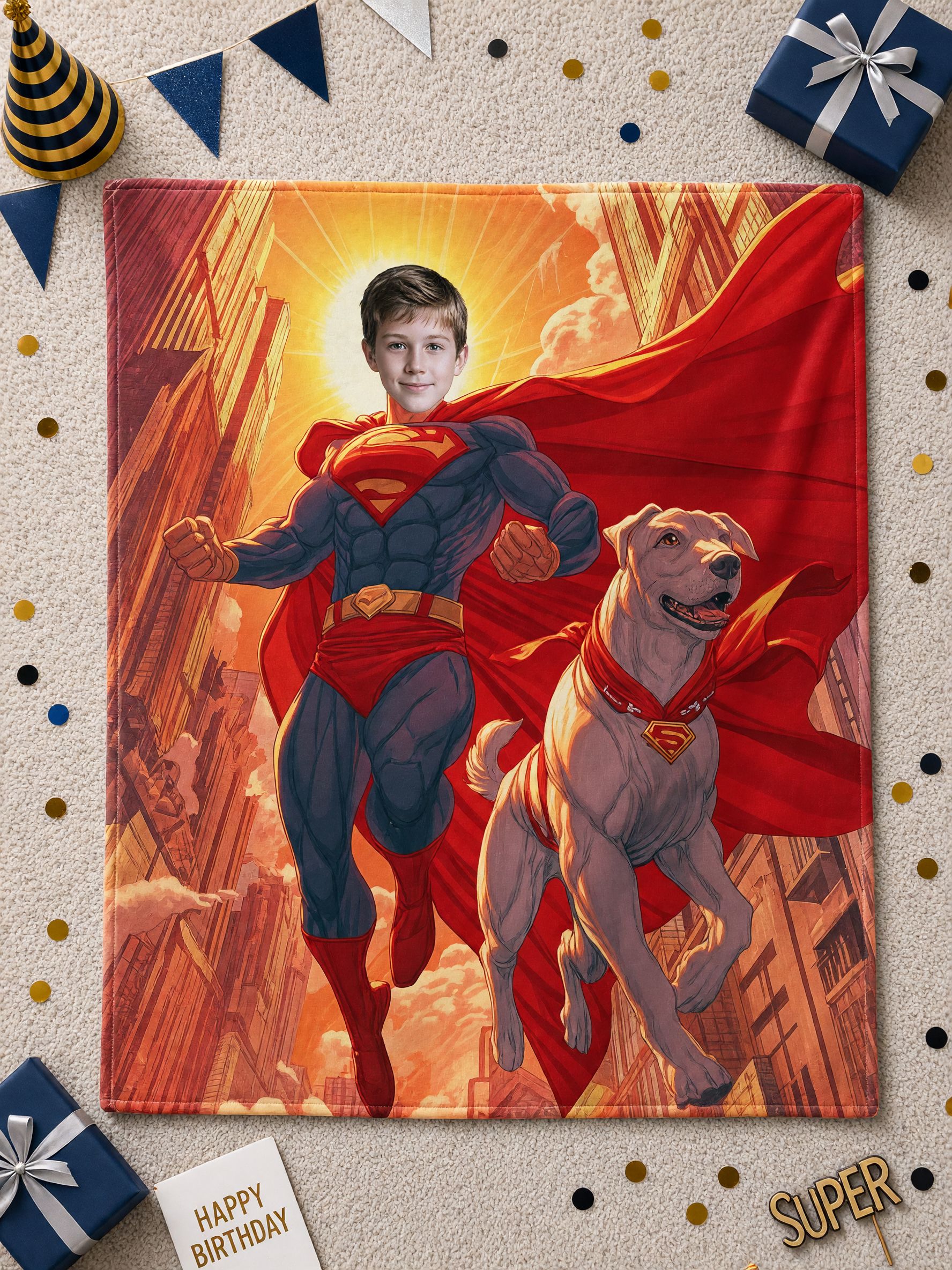 Custom Superhero Photo Face Flannel Blanket, Ultra Soft Personalized Hero Throw for Kids and Comic Fans