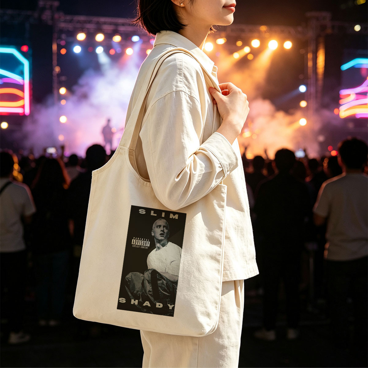 Eminem Sitting in a Dark Room with Parental Advisory Label on Album Cover - Canvas shoulder bags/