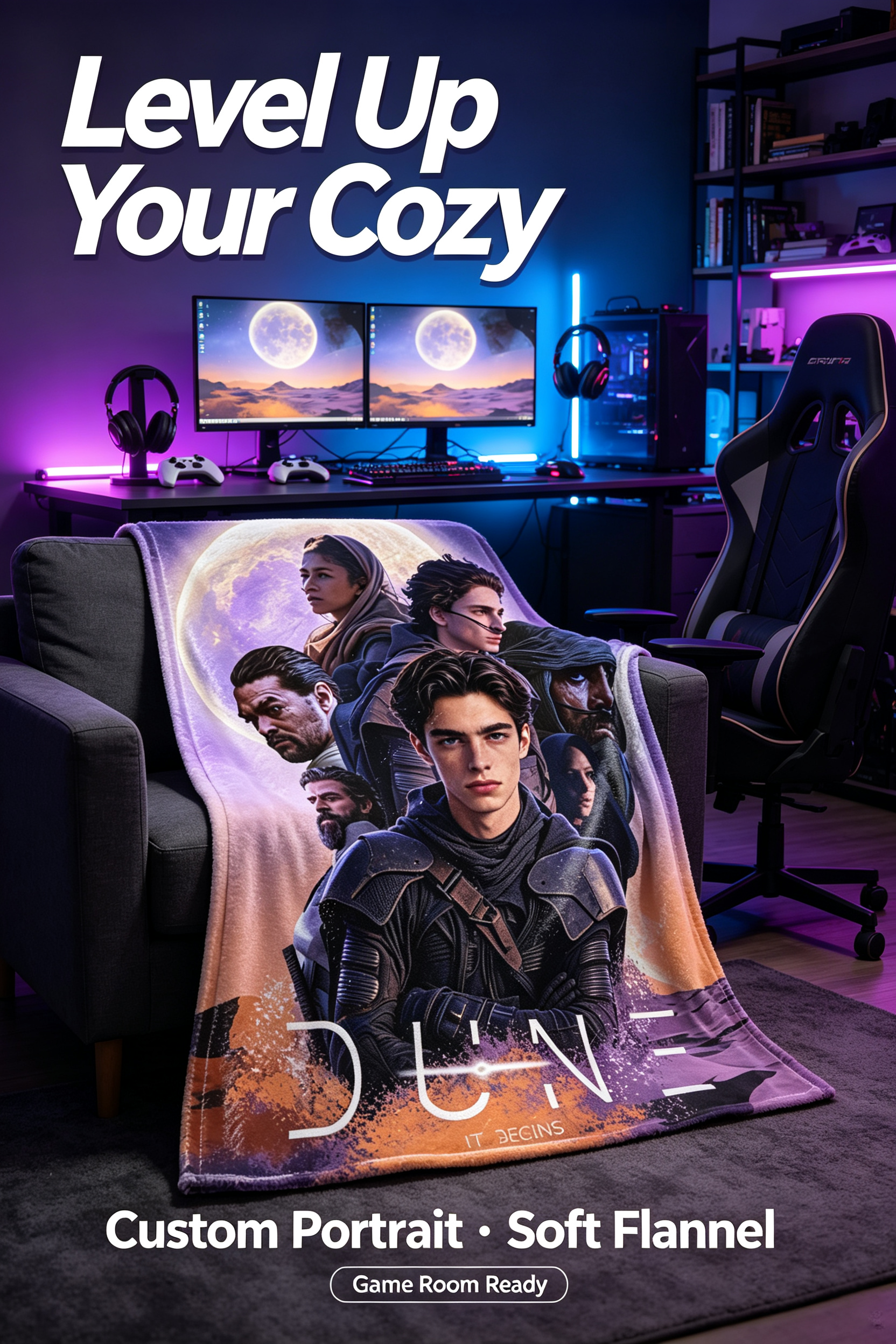 Custom Face Blanket Dune Movie Character Flannel Blanket Perfect for Fans of Sci-Fi Films Cozy Bedding Gift for Men Women and Teens Ideal for Birthday Christmas or Holiday Giveaways