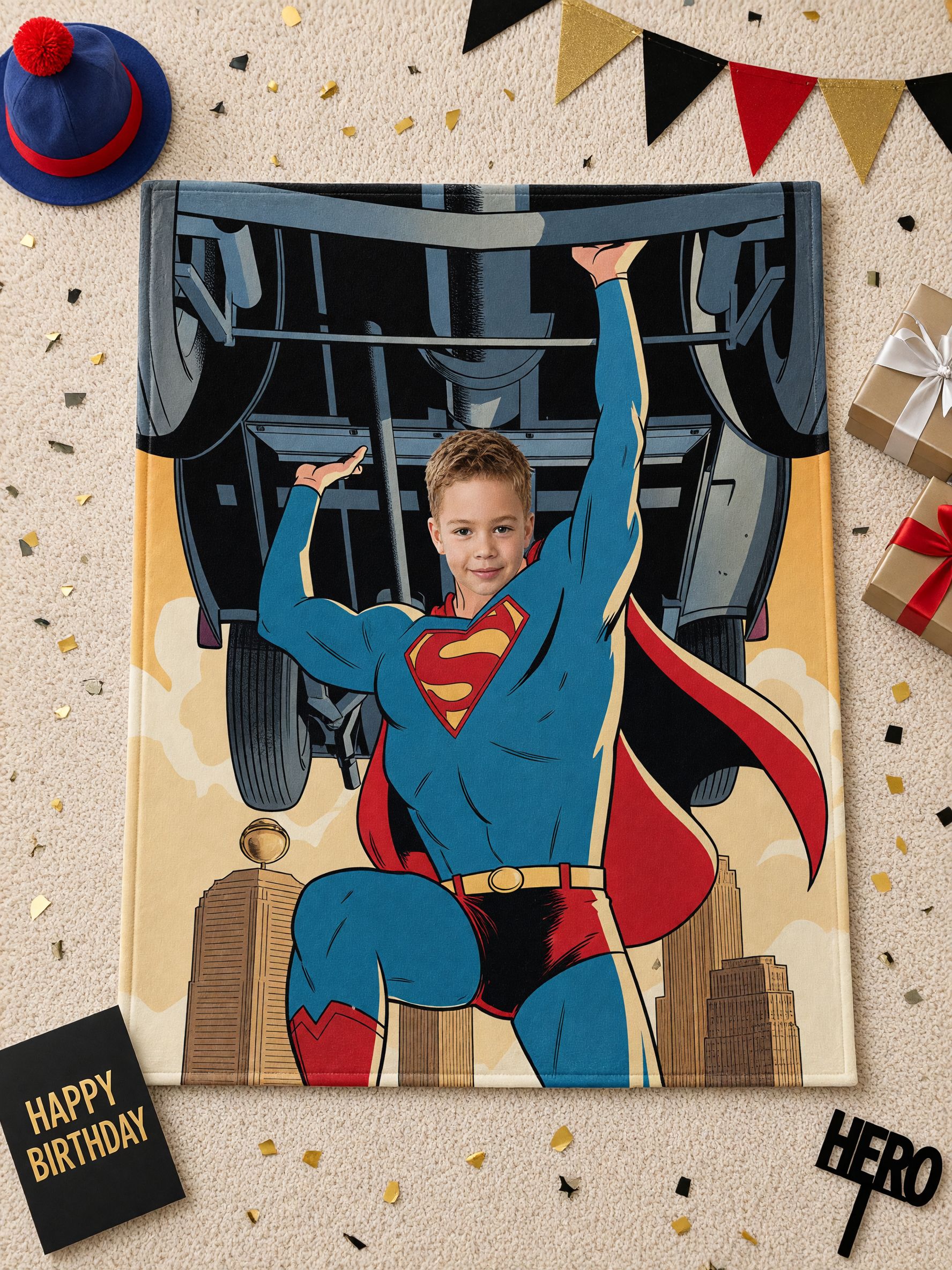 Custom Face Superhero Flannel Blanket Personalized Comic Action Hero Lifting Car Throw Ideal Cozy Gift for Kids and Boys