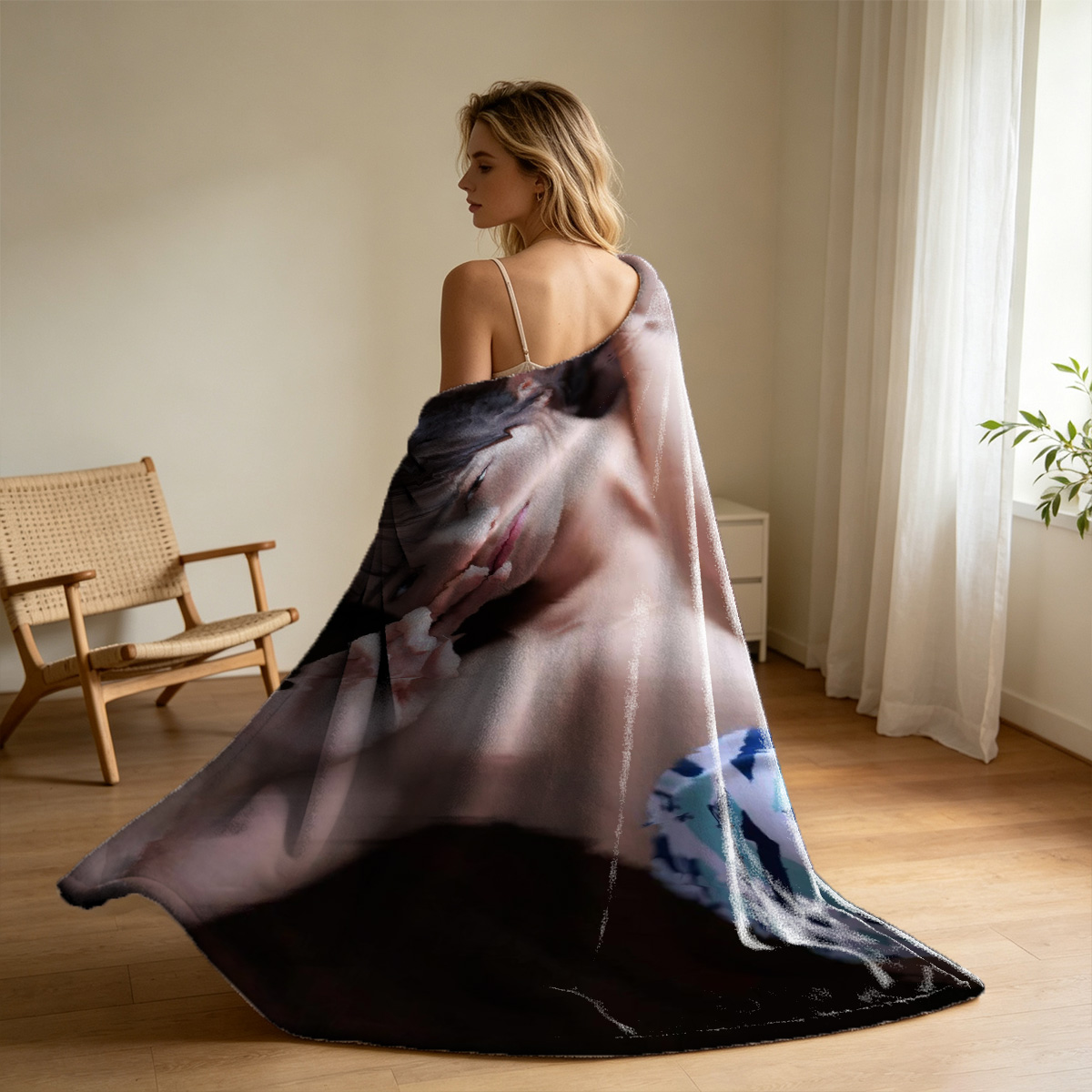 Adriana Lima in sheer black lingerie pulling down silk robe, luxurious boudoir setting - Blanket