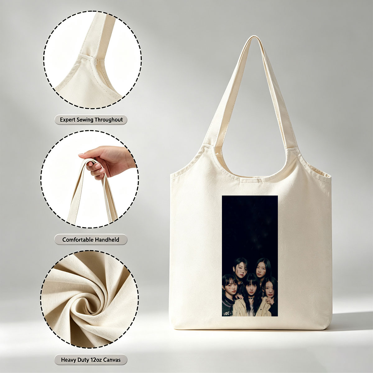 NewJeans Group Photo in Dark Rainy Setting with Dramatic Lighting and Bold Fashion Styles - Canvas shoulder bags/