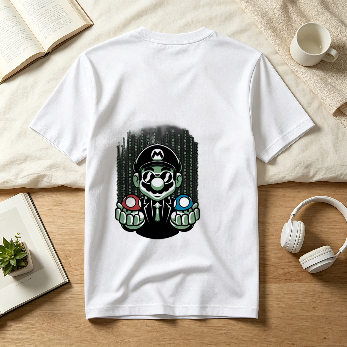 Mario in Matrix Code with Red and Blue Mushrooms - Tee