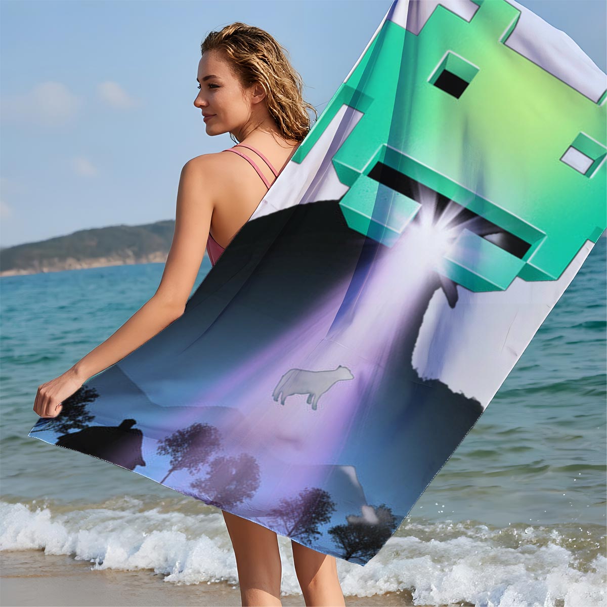 Alien Invader and Dog in Beam of Light - Beach towels