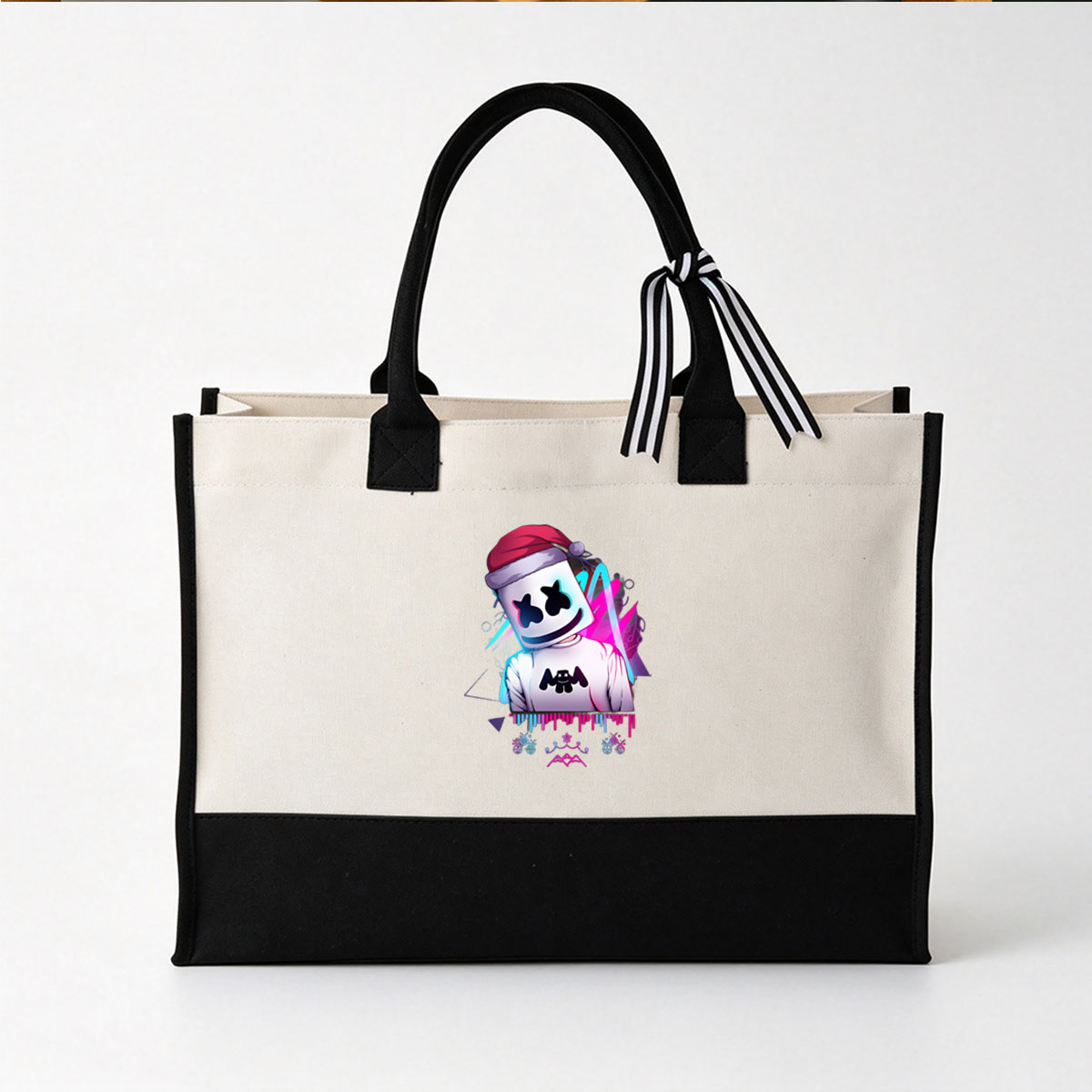 Marshmello Christmas Edition: DJ in Santa Hat with Festive Glow and Music Visuals - Canvas patchwork gift tote bag