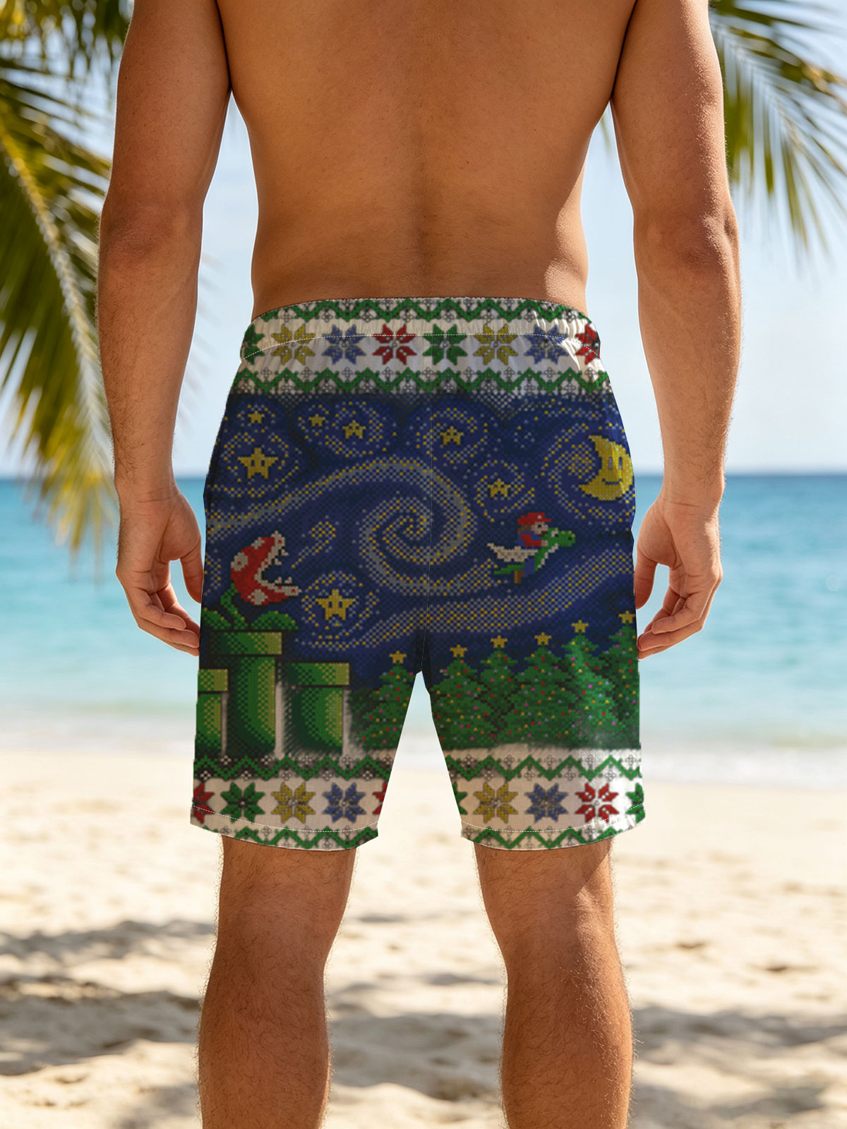 Mario and Yoshi in Starry Night with Bowser and Pipe Scene -  Beach shorts