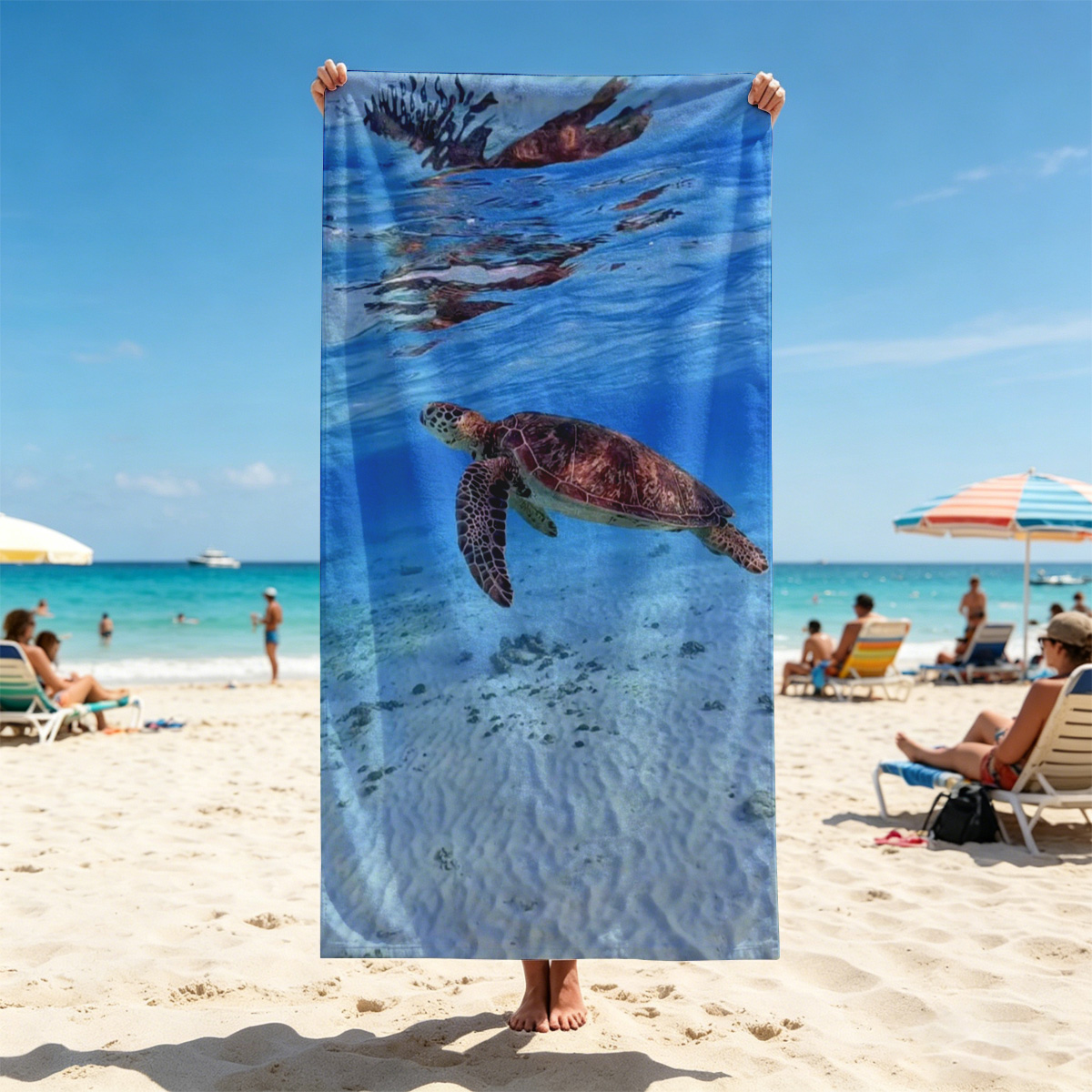 Sea Turtle Swimming in Crystal Clear Waters - Beach towels