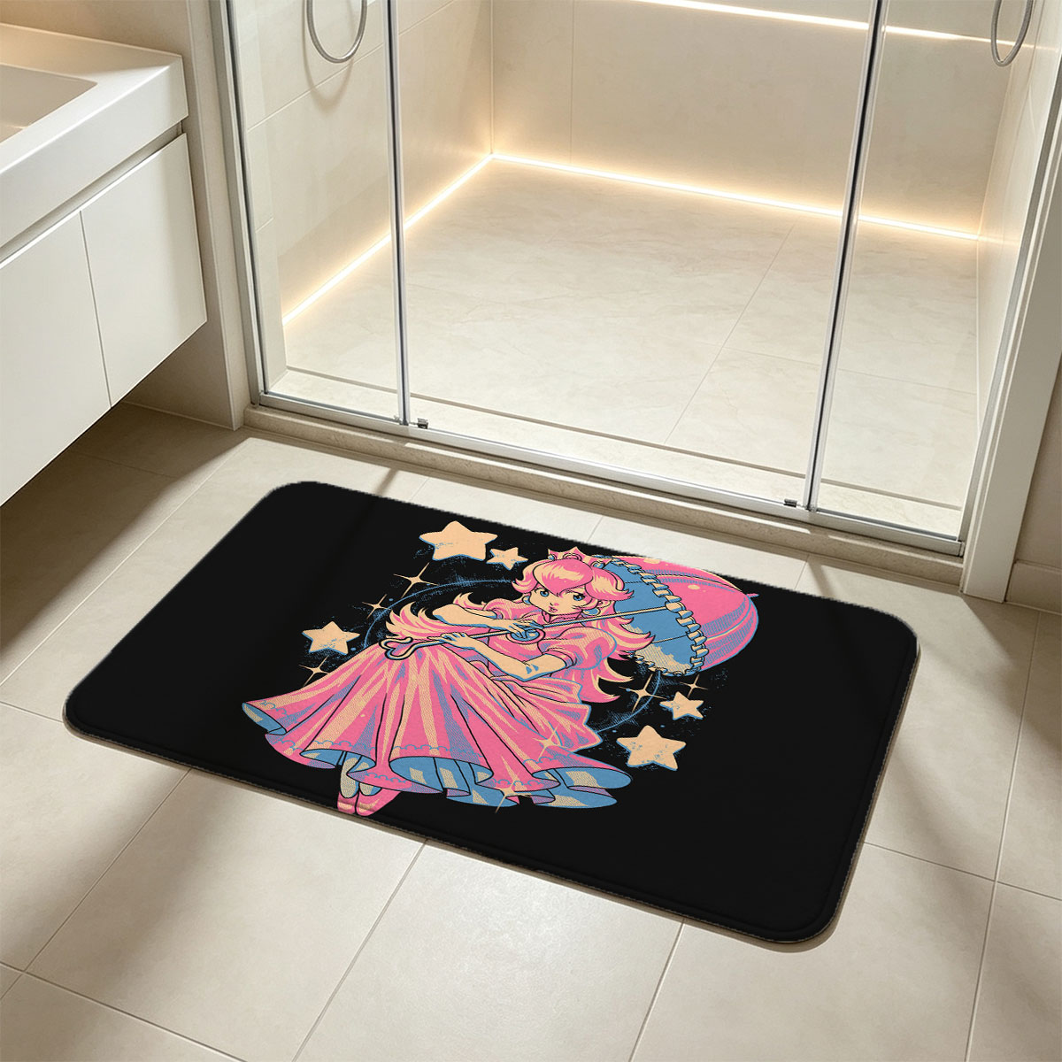Princess Peach in Pink Gown with Umbrella and Stars - Flannel floor mat