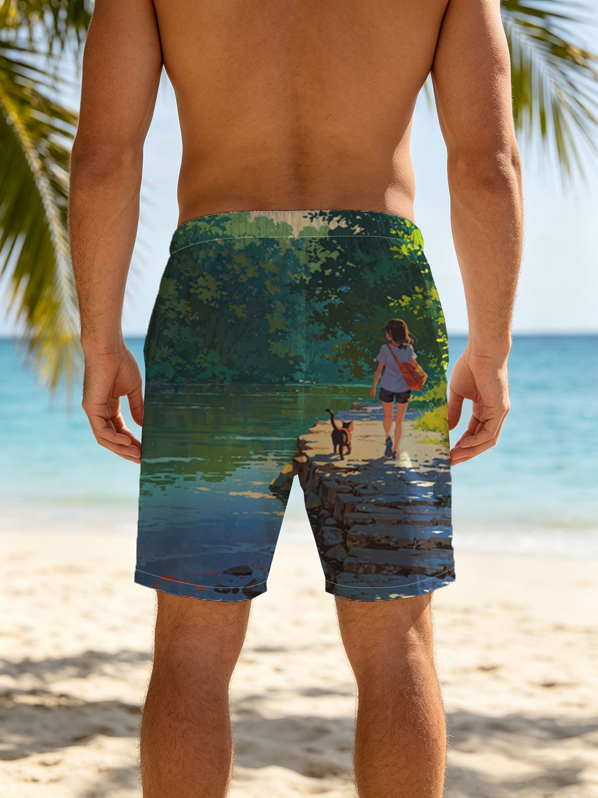 Girl and cat walking by a serene lakeside path -  Beach shorts