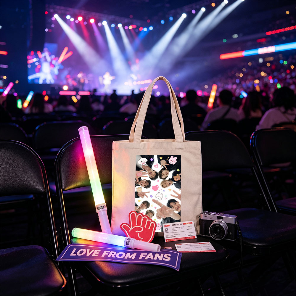 BTS Members in a Circle with Cute Stickers and Peace Signs - Canvas tote bags
