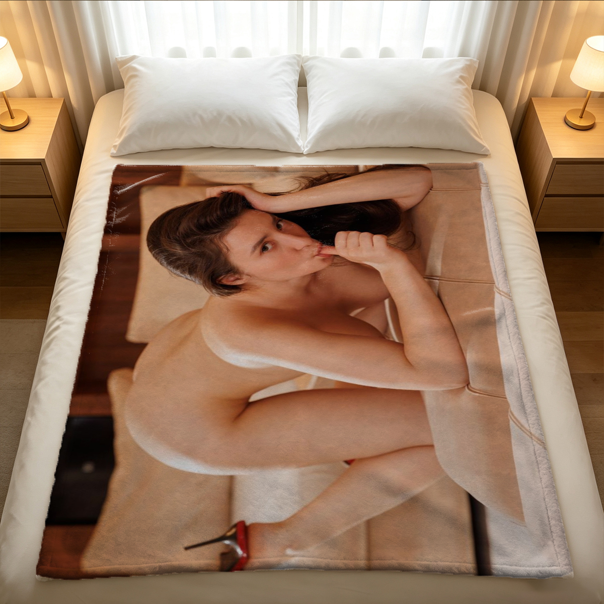 Elegant Asian beauty in sheer floral lingerie lying on bed - Blanket