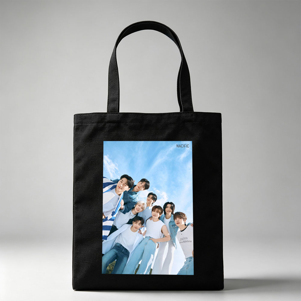 NACIFIC Band Members in Casual Outfits Posed Against a Bright Blue Sky - Canvas tote bags