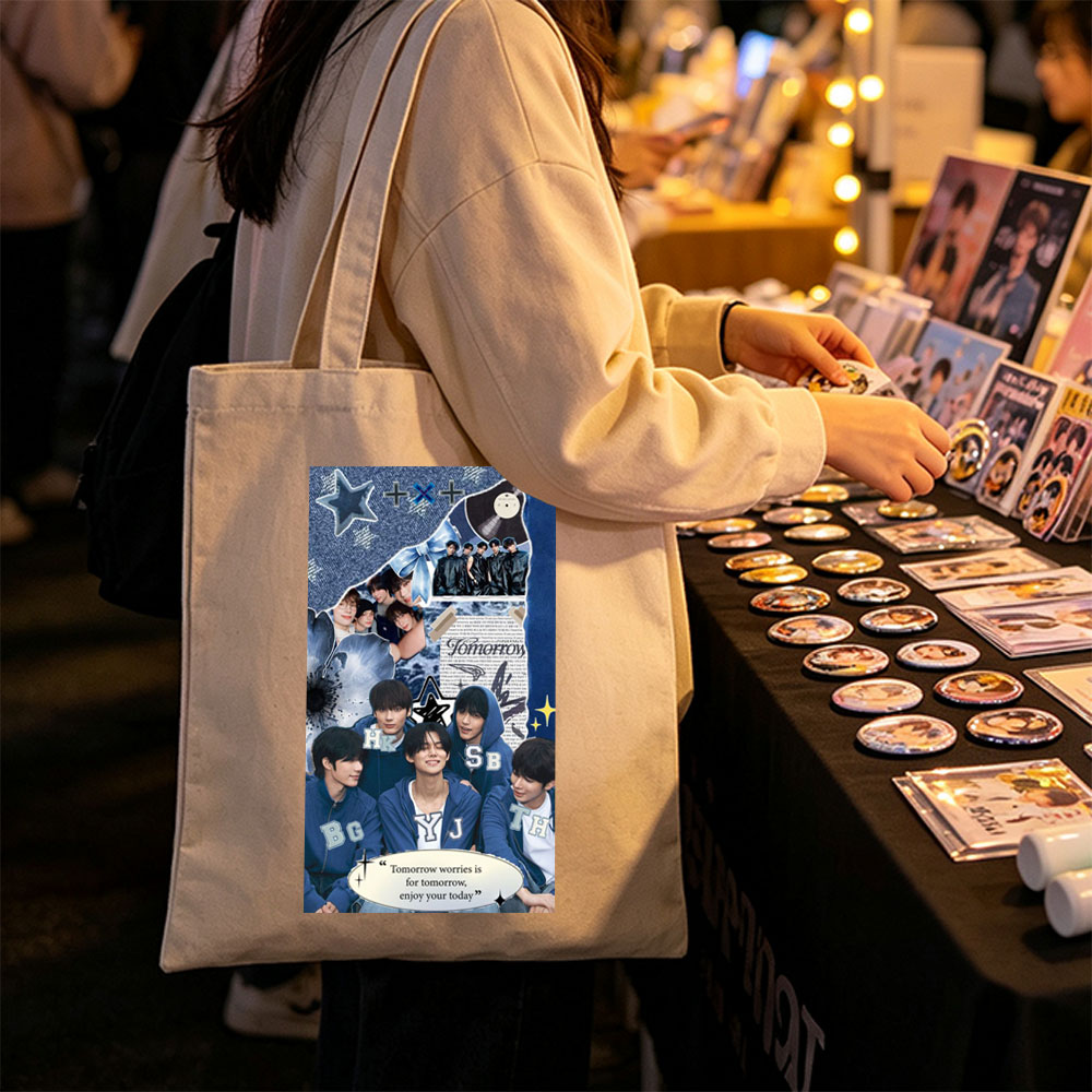 Tomorrow X Together Group Photo Collage with Blue Theme and Inspirational Quote - Canvas tote bags