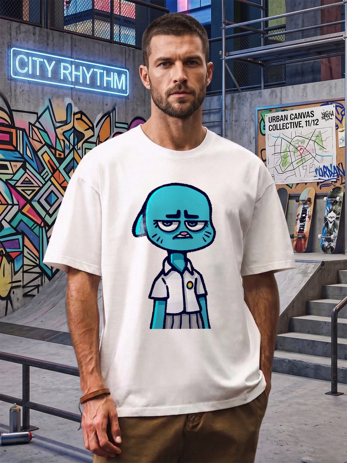 Men's Printed T-Shirt Featuring Blue Cartoon Character with Sad Expression and School Uniform Design, Casual Round Neck Lightweight Breathable Summer Short Sleeve Tee for Daily Wear, College Students, and Pop Culture Fans