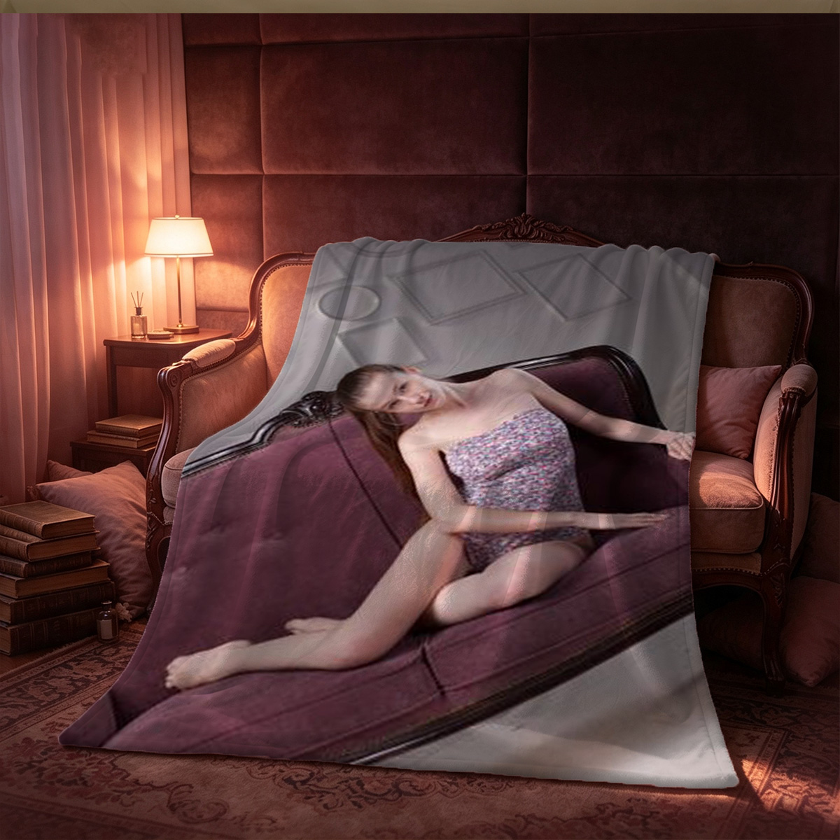 Two Women Embracing Sensually, Topless in Elegant Setting - Blanket