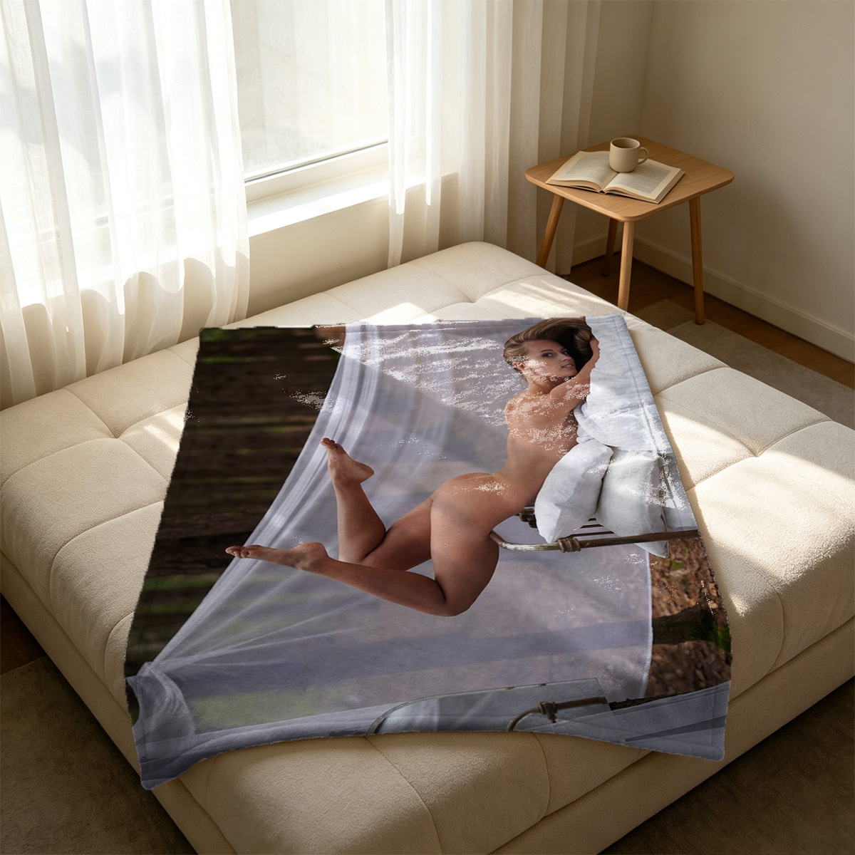 Elegant Woman in Black Lace Lingerie by the Window - Blanket