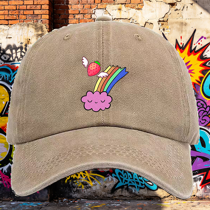 Men's Printed Washed Cap with Strawberry Wings and Rainbow Cloud Design - Casual Round Brim Summer Lightweight Hat for Outdoor Activities, Beach, Travel - Perfect for Young Adults and Trendy Streetwear Lovers