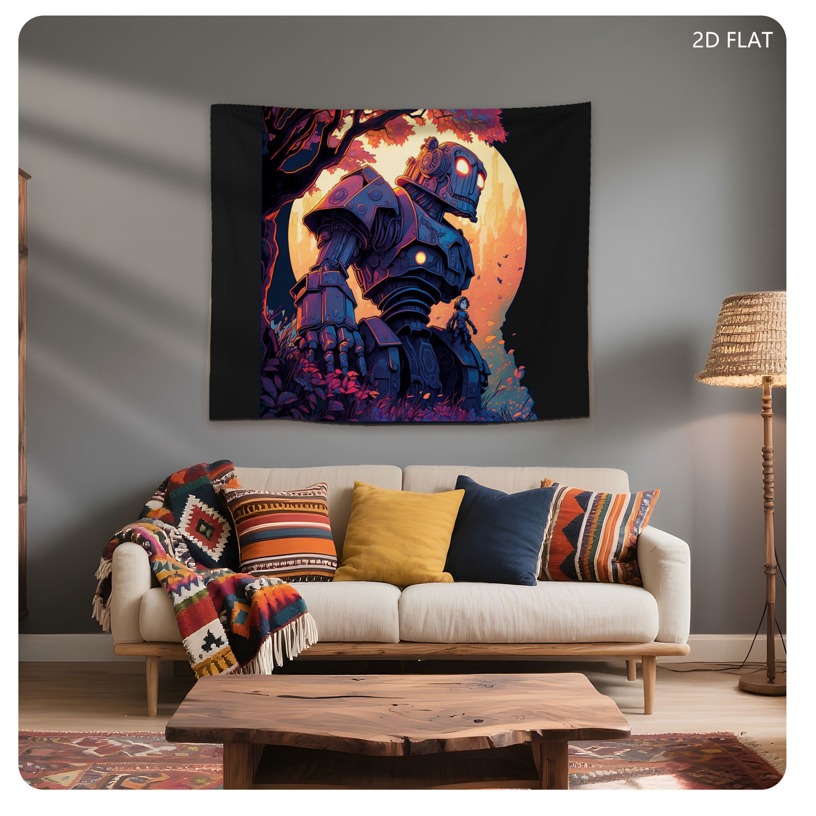 Giant Robot and Child in Autumn Forest at Sunset - Tapestry