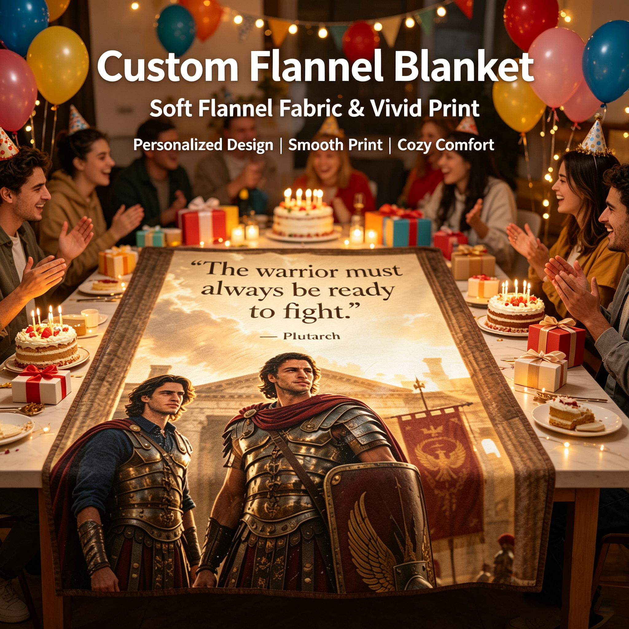 Custom Face Blanket Featuring Roman Warrior Scene with Plutarch Quote Flannel Blanket for Home Decor and Cozy Nights Perfect Gift for History Lovers and Ancient Rome Enthusiasts