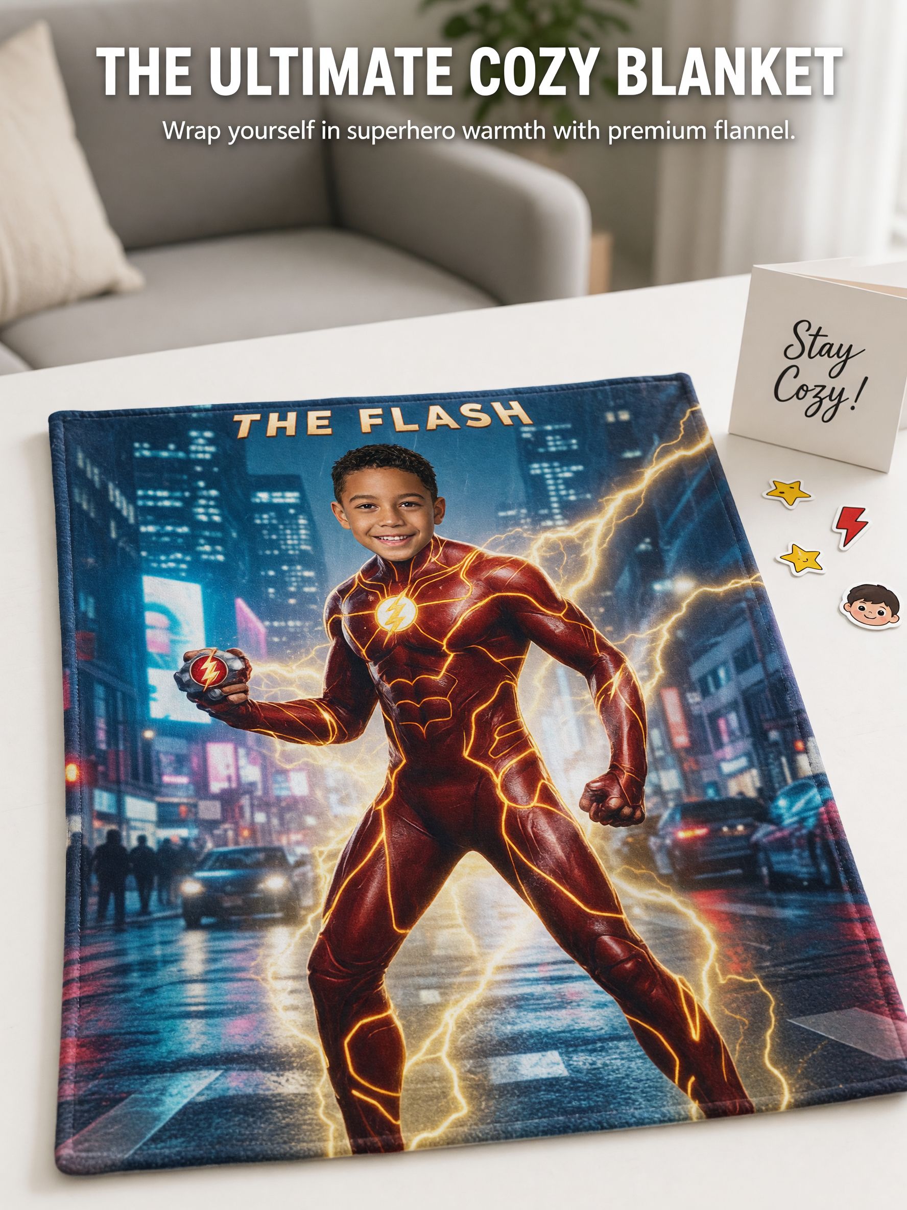 Custom Face Superhero Flannel Blanket, Personalized Photo Soft Warm Throw Blanket for Couch Bed, Ideal Personalized Gift