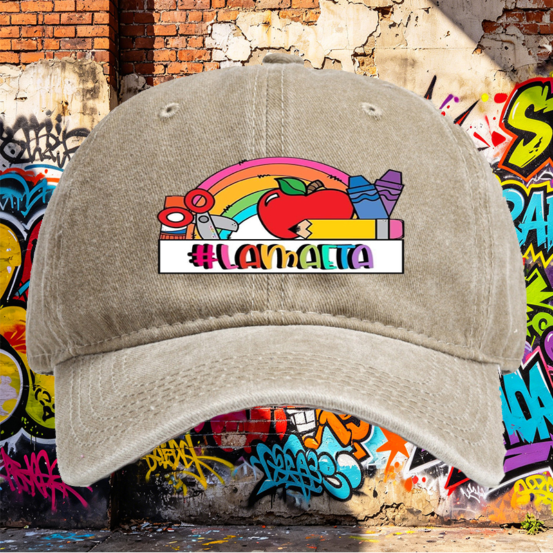 Unisex Classic Washed Cotton Hat with Rainbow Apple Art and #LAMMAETA Print - Perfect for School, Arts & Crafts, Teachers and Creative Adults