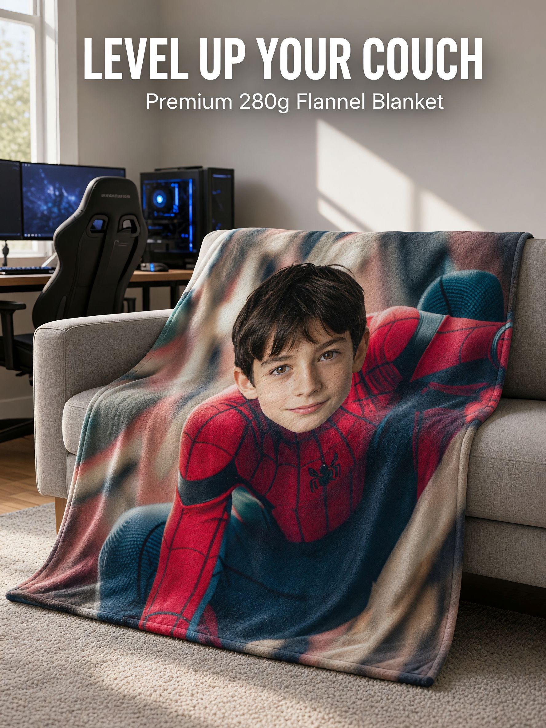Custom Face Superhero Flannel Blanket, Personalized Photo Throw for Kids, Soft Cozy Bed Couch Warm Keepsake Gift