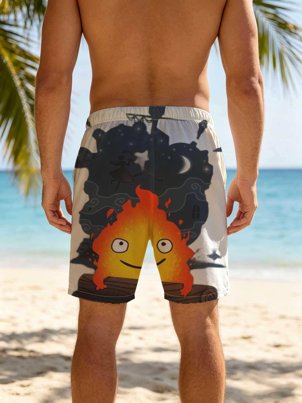 Cute Flame Character with Night Sky and Witch Silhouette Background -  Beach shorts