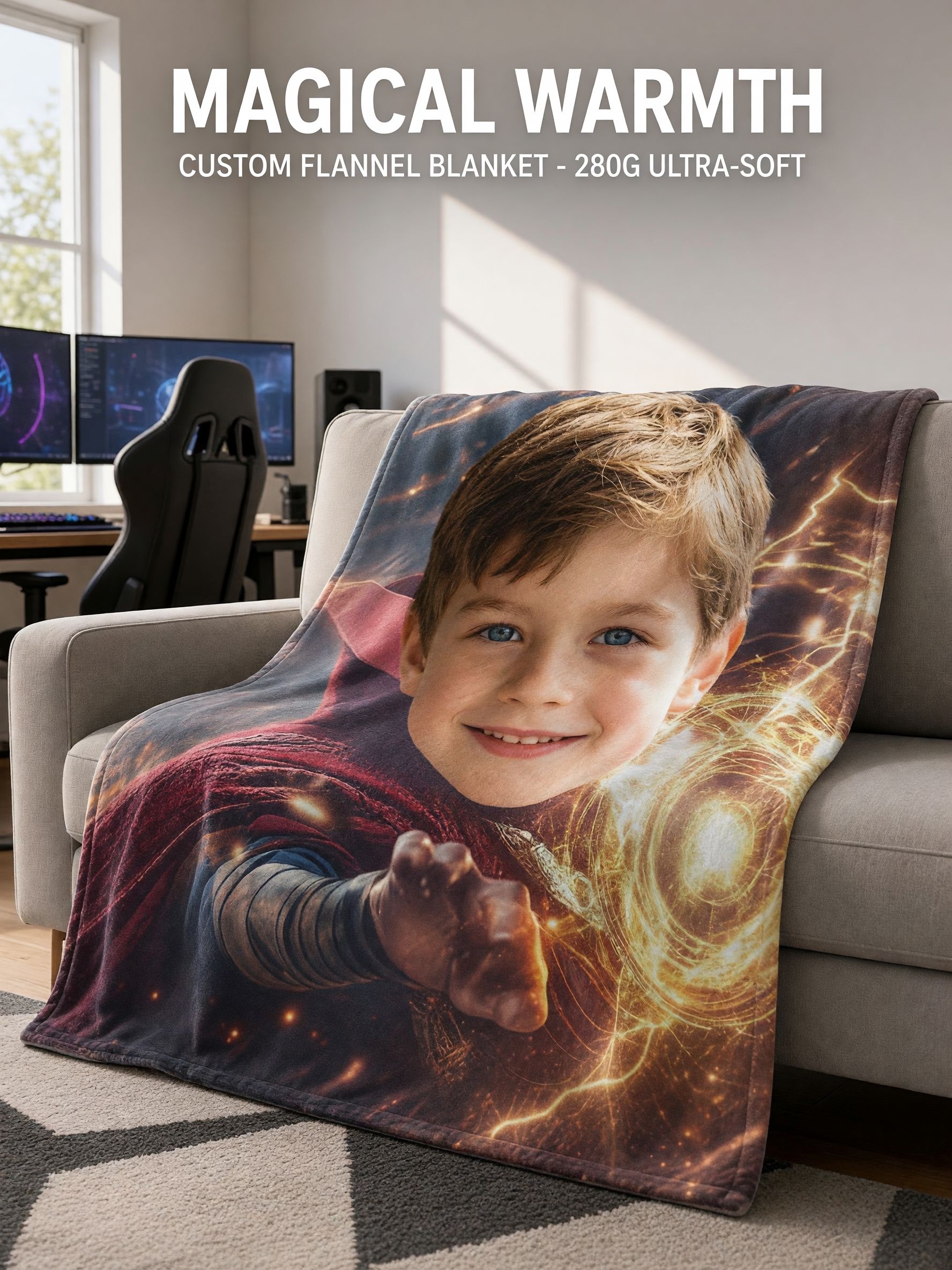 Custom Photo Face Blanket, Personalized Superhero Magic Flannel Fleece Throw, Cozy Plush Skin-Friendly Keepsake Gift