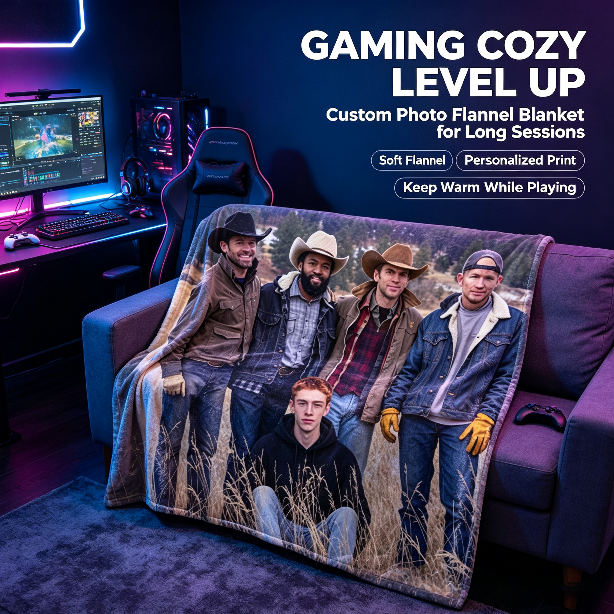 Custom Face Blanket Featuring Five Men in Cowboy Hats and Ranch Attire Standing in a Mountain Field with One Sitting in Front – Flannel Blanket for Cozy Outdoor Adventures, Perfect Gift or Giveaway for Western Enthusiasts