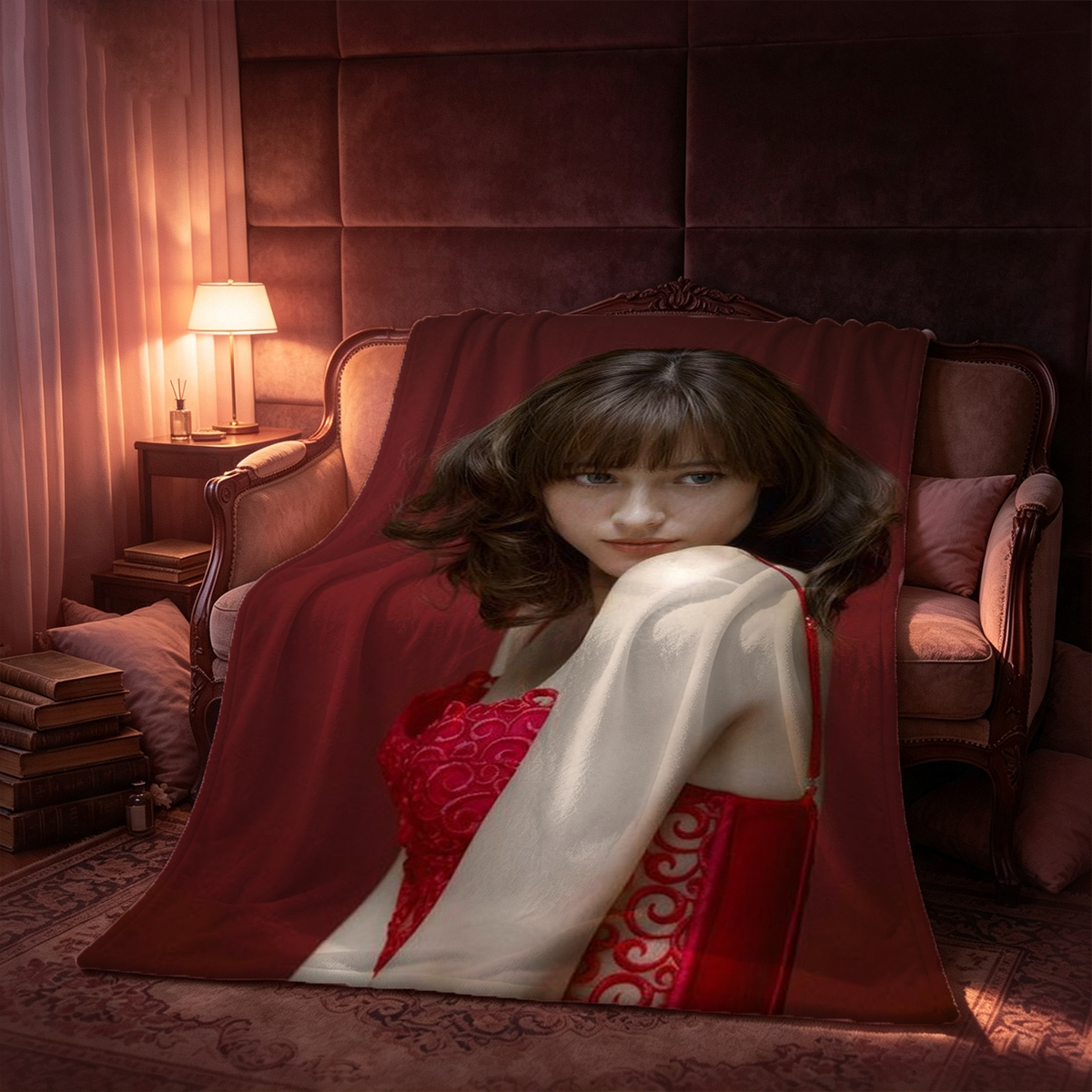 Aubrey Kate in white lace lingerie kneeling on bed - Blanket