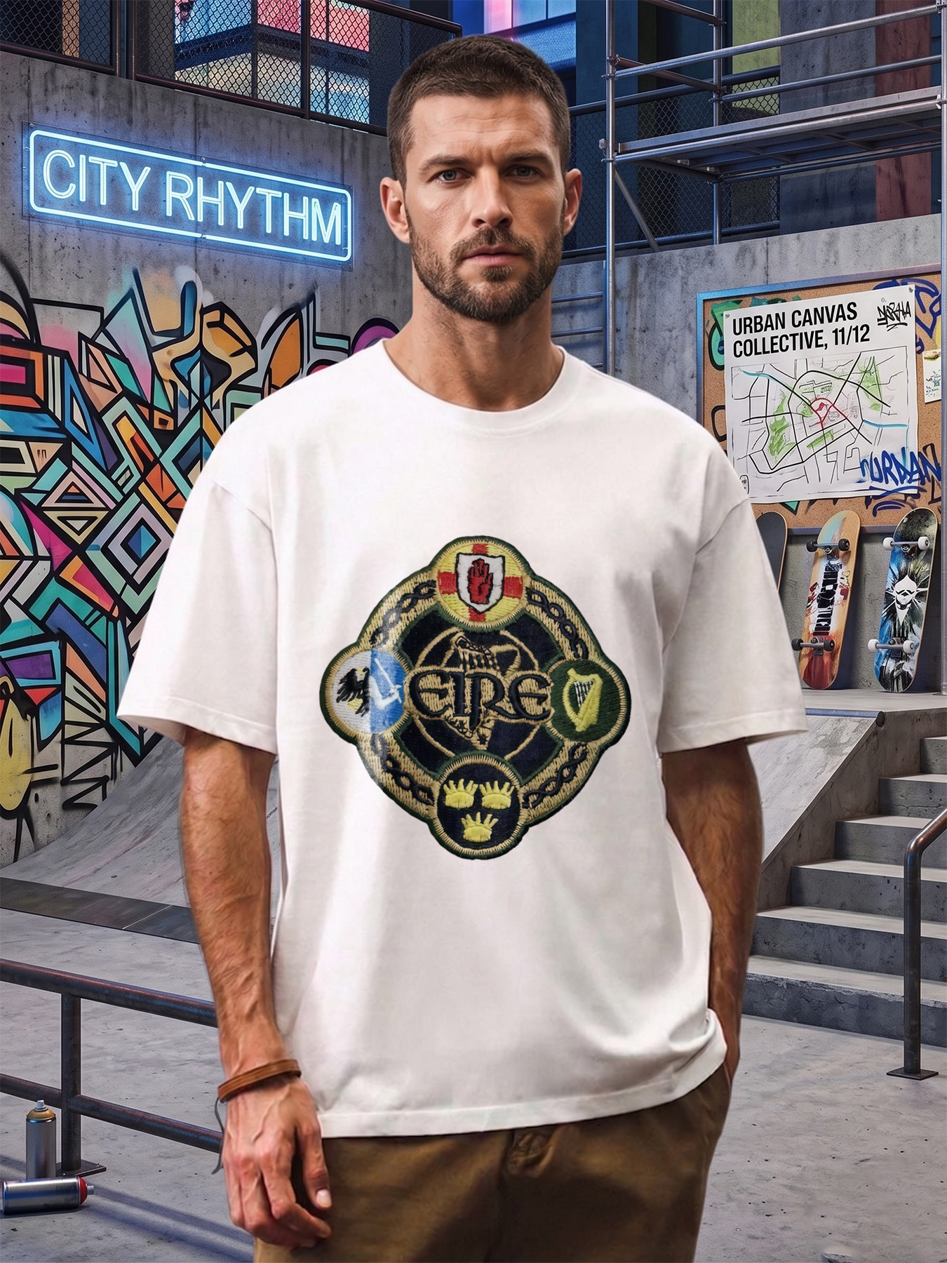 Men's Printed T-Shirt with Ireland Crest and Eire Text Design Casual Round Neck Lightweight Breathable Summer Short Sleeve T-Shirt for Irish Heritage Lovers and Cultural Enthusiasts